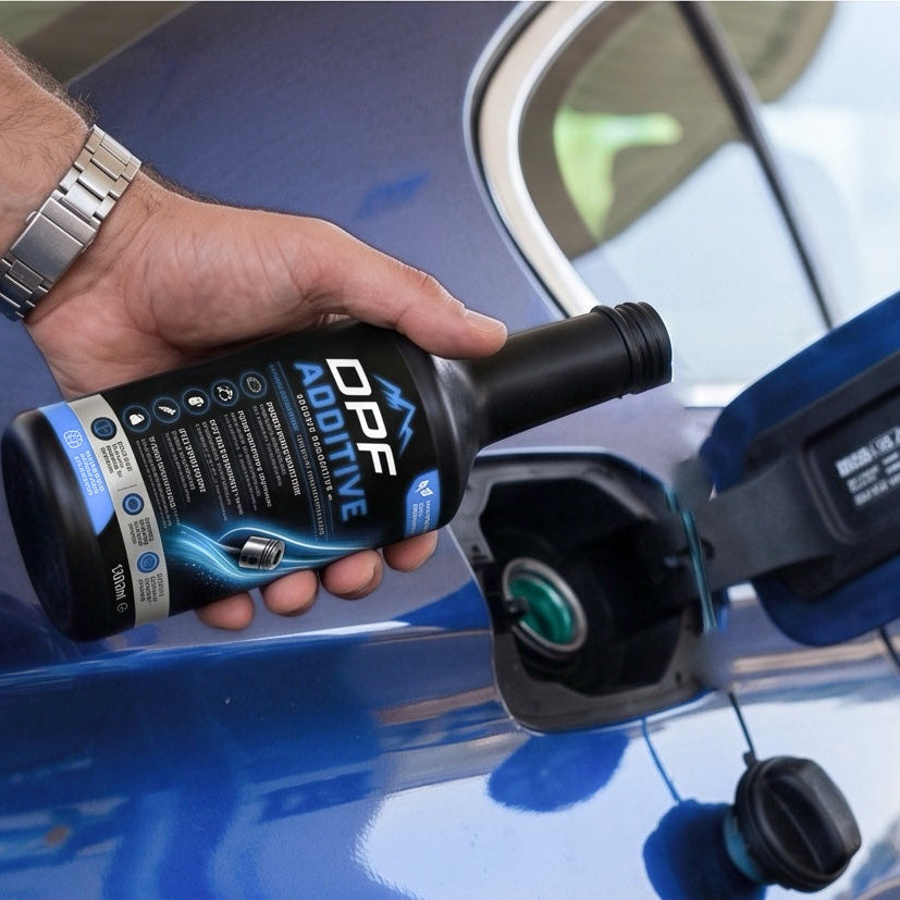 A hand holding a bottle of OBF Maxine motor oil next to an open blue car fuel door, with a blue car in the background.