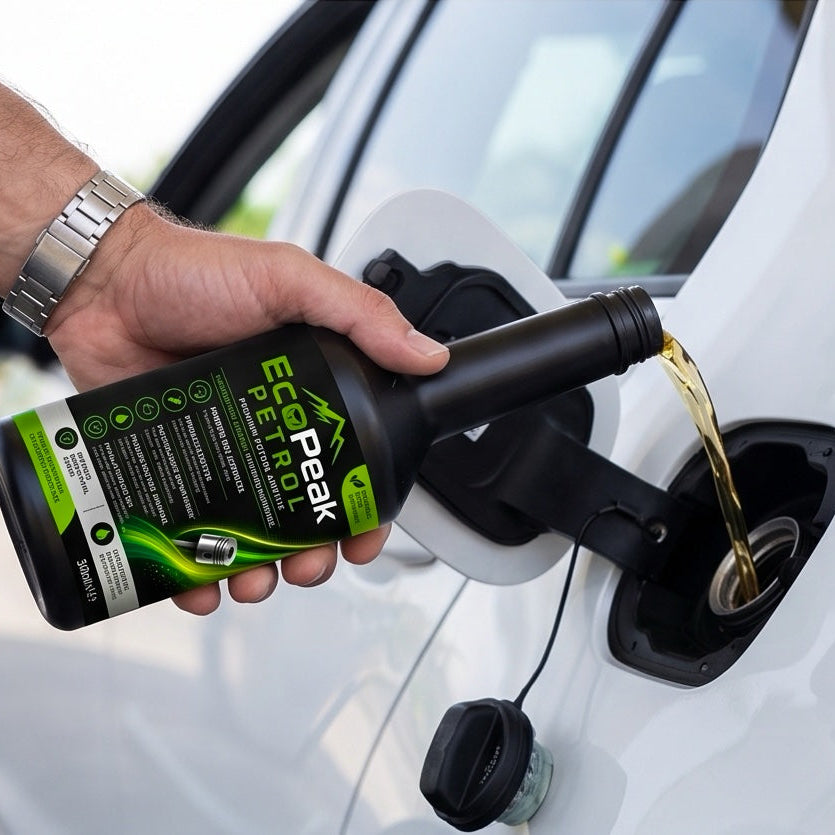 A person's hand pouring EcoPak fuel ethanol from a black and green bottle into a white car's fuel tank.